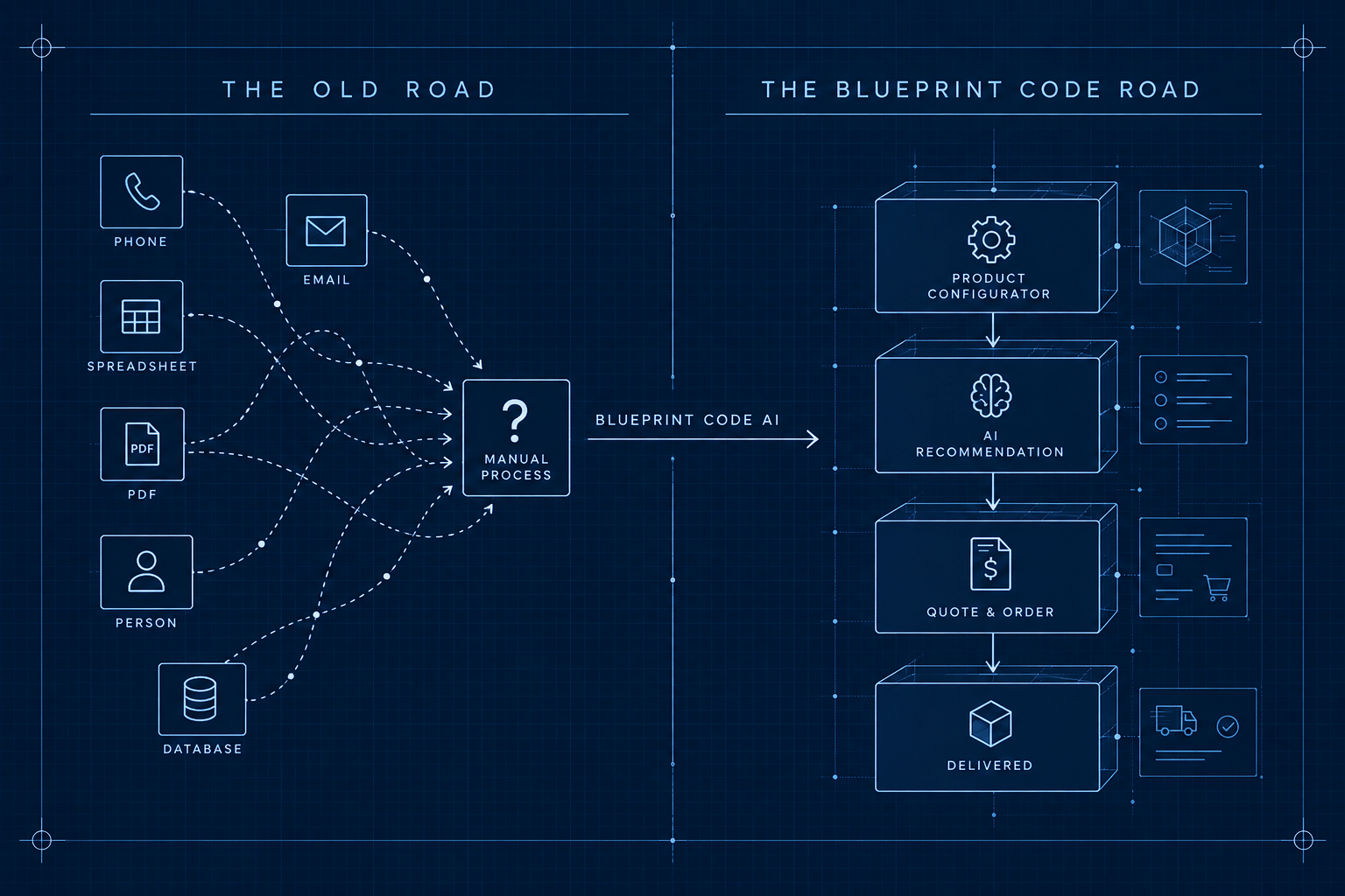 Blueprint comparison: on the left, the old road — phone calls, emails, spreadsheets, PDFs, people and databases tangling their way into a manual process. On the right, the Blueprint Code road — one straight line from product configurator to AI recommendation, quote and order, and delivery.