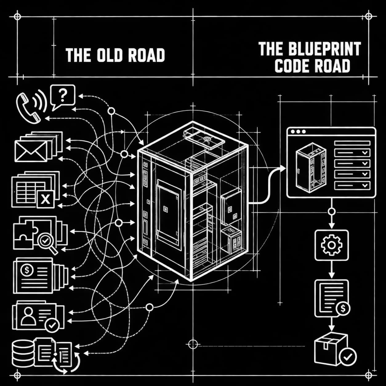 Blueprint comparison: on the left, the old road — phone calls, email threads, spreadsheets and PDFs looping back and forth around a configured product. On the right, the Blueprint Code road — one configurator feeding a single line through specification, quote and fulfilment.